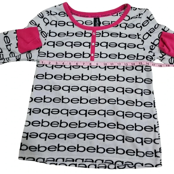 Bebe Logo Henley Sleepwear Top Large Pink Black White Y2K Grunge Lounge Tee - Picture 6 of 7